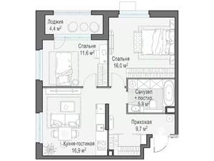 2-к квартира, строящийся дом, 60м2, 12/17 этаж