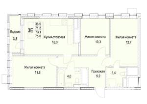 3-к квартира, строящийся дом, 73м2, 5/23 этаж