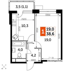 1-к квартира, строящийся дом, 39м2, 10/22 этаж