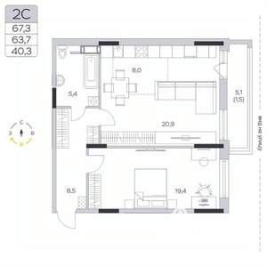 1-к квартира, вторичка, 64м2, 7/9 этаж