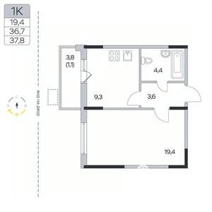 1-к квартира, вторичка, 38м2, 4/9 этаж