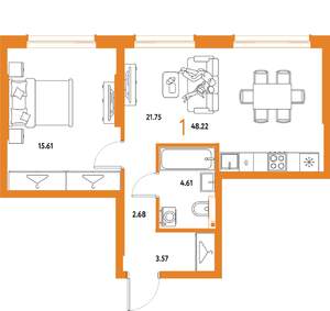 1-к квартира, строящийся дом, 48м2, 4/25 этаж