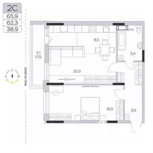 1-к квартира, вторичка, 62м2, 6/9 этаж