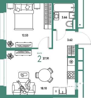 2-к квартира, строящийся дом, 38м2, 16/25 этаж