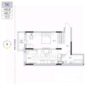 1-к квартира, вторичка, 47м2, 4/9 этаж