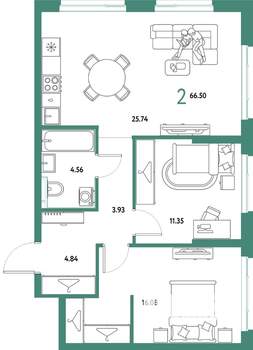 2-к квартира, строящийся дом, 67м2, 23/25 этаж
