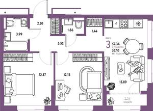 3-к квартира, строящийся дом, 57м2, 2/25 этаж
