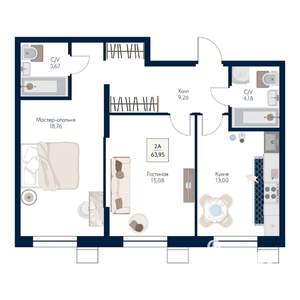 2-к квартира, строящийся дом, 64м2, 8/21 этаж