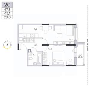 1-к квартира, строящийся дом, 45м2, 5/9 этаж