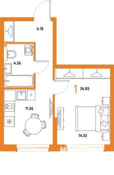 1-к квартира, строящийся дом, 35м2, 13/25 этаж