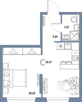 Студия квартира, строящийся дом, 35м2, 22/25 этаж