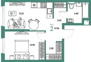 2-к квартира, строящийся дом, 42м2, 2/25 этаж