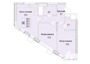 2-к квартира, строящийся дом, 55м2, 15/23 этаж