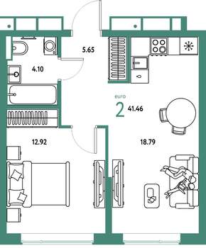 2-к квартира, строящийся дом, 41м2, 13/25 этаж