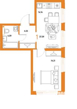 1-к квартира, строящийся дом, 38м2, 13/25 этаж