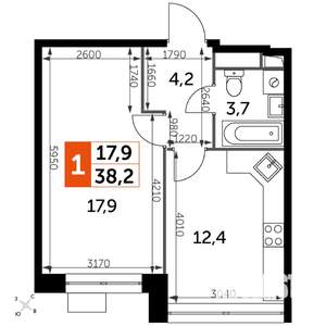 1-к квартира, строящийся дом, 38м2, 10/22 этаж