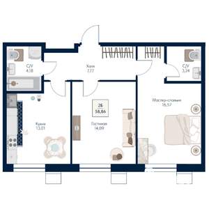 2-к квартира, строящийся дом, 59м2, 15/21 этаж