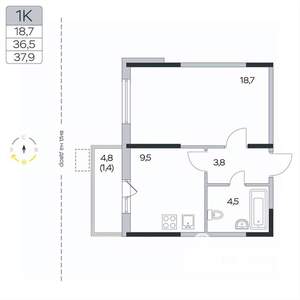 1-к квартира, вторичка, 38м2, 2/9 этаж