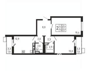 2-к квартира, вторичка, 66м2, 8/9 этаж