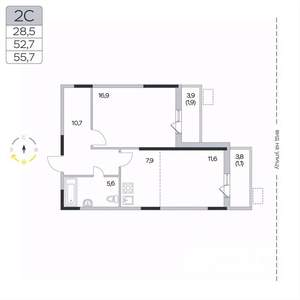 2-к квартира, вторичка, 56м2, 2/9 этаж