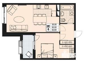 2-к квартира, строящийся дом, 50м2, 6/10 этаж