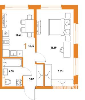 1-к квартира, строящийся дом, 44м2, 13/25 этаж