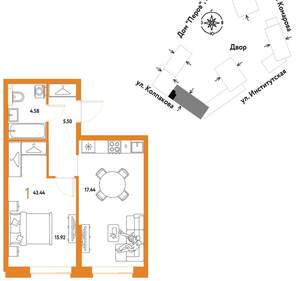 1-к квартира, вторичка, 43м2, 17/6 этаж
