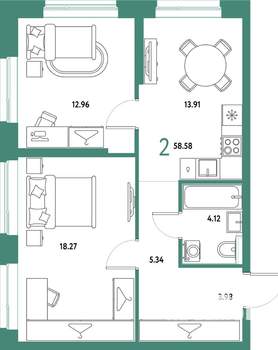 2-к квартира, строящийся дом, 59м2, 20/25 этаж