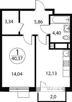 1-к квартира, строящийся дом, 40м2, 1/4 этаж