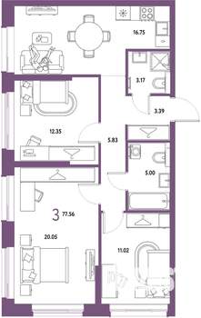 3-к квартира, строящийся дом, 78м2, 17/25 этаж