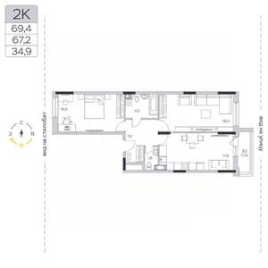 2-к квартира, строящийся дом, 67м2, 3/9 этаж