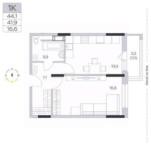 1-к квартира, строящийся дом, 42м2, 9/9 этаж