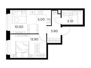 2-к квартира, строящийся дом, 40м2, 21/23 этаж