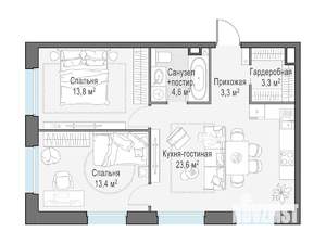 2-к квартира, строящийся дом, 62м2, 15/17 этаж