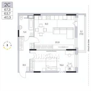 2-к квартира, вторичка, 64м2, 4/9 этаж