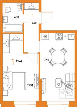 1-к квартира, строящийся дом, 43м2, 17/25 этаж