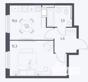 1-к квартира, сданный дом, 34м2, 7/17 этаж