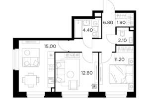 2-к квартира, строящийся дом, 54м2, 17/23 этаж