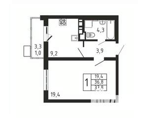 1-к квартира, вторичка, 38м2, 3/9 этаж