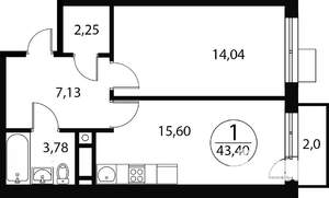 1-к квартира, строящийся дом, 43м2, 1/4 этаж