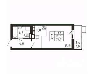 Студия квартира, вторичка, 28м2, 3/9 этаж