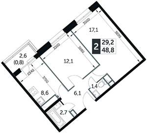 2-к квартира, вторичка, 51м2, 14/17 этаж