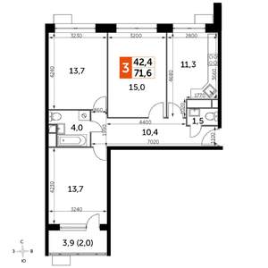 3-к квартира, строящийся дом, 72м2, 6/22 этаж