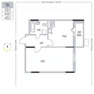 1-к квартира, вторичка, 45м2, 2/9 этаж