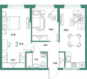 2-к квартира, строящийся дом, 61м2, 16/25 этаж