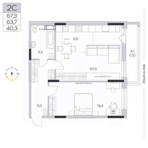 2-к квартира, строящийся дом, 64м2, 3/9 этаж
