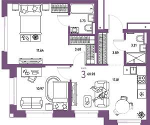 3-к квартира, вторичка, 61м2, 2/25 этаж