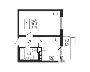 1-к квартира, строящийся дом, 38м2, 8/9 этаж