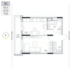 1-к квартира, строящийся дом, 41м2, 7/9 этаж