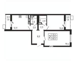 2-к квартира, вторичка, 66м2, 4/9 этаж